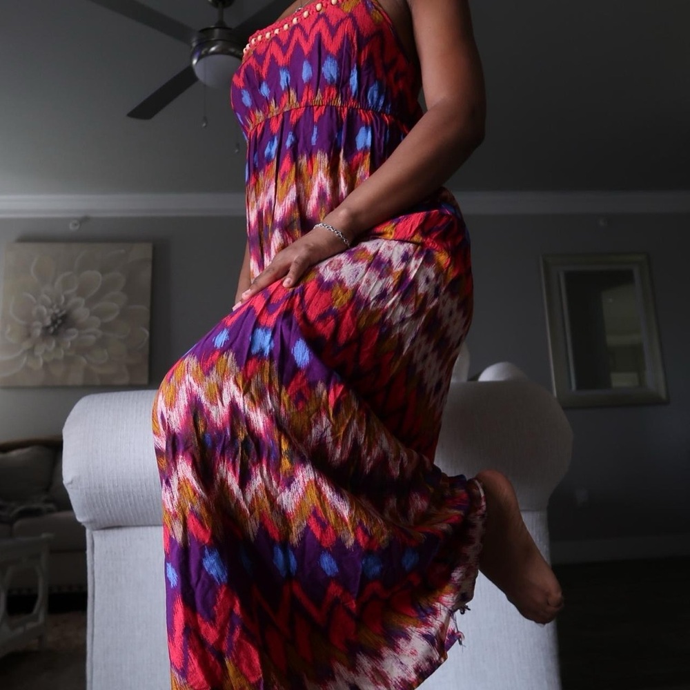 Massimo Multicolor Strapless Maxi Dress in Red, Purple, Blue and Gold
